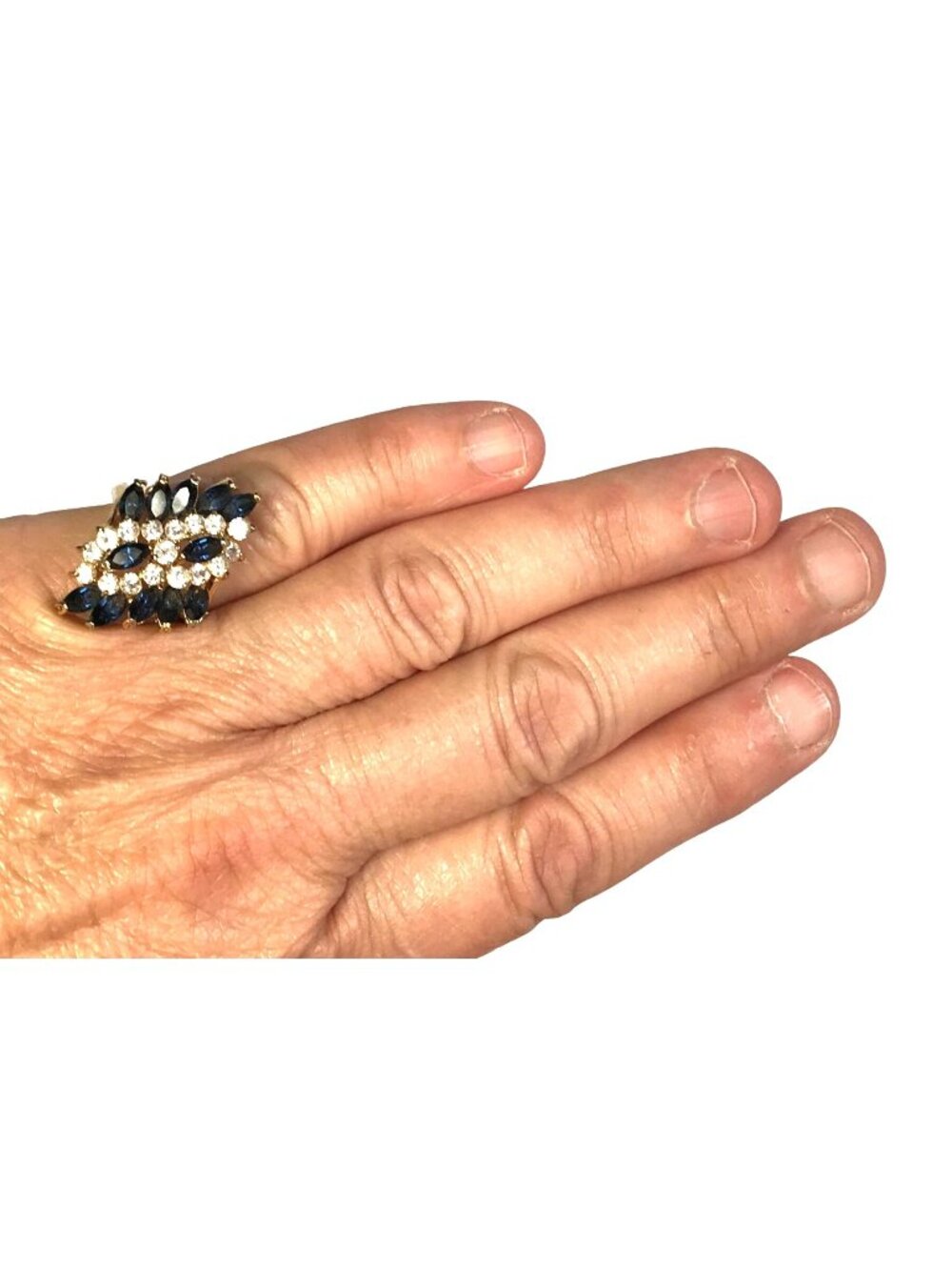 Gold Tone Cocktail Ring Dark Blue Marquise and Clear Round Crystal Cluster Sz 6